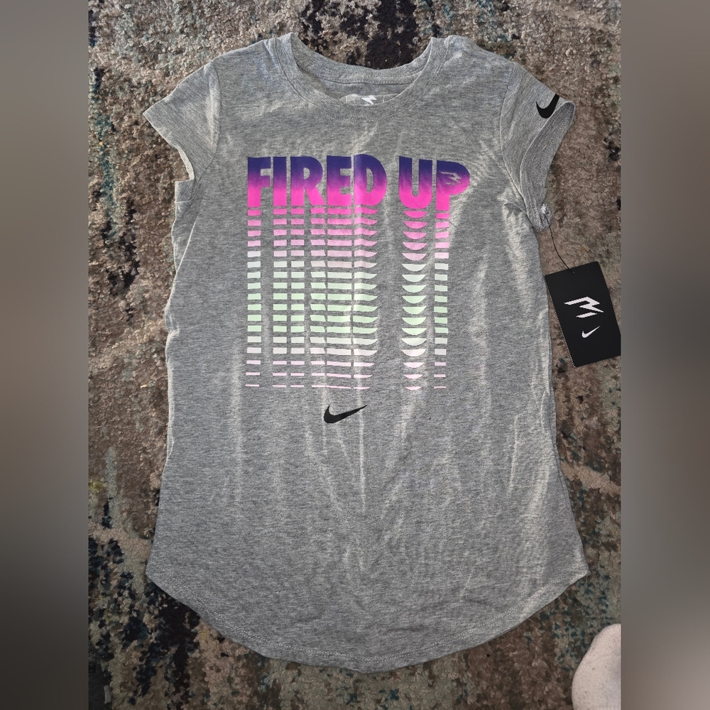 Nike Gray T-Shirt with Pink and Purple 'Fired Up' Design